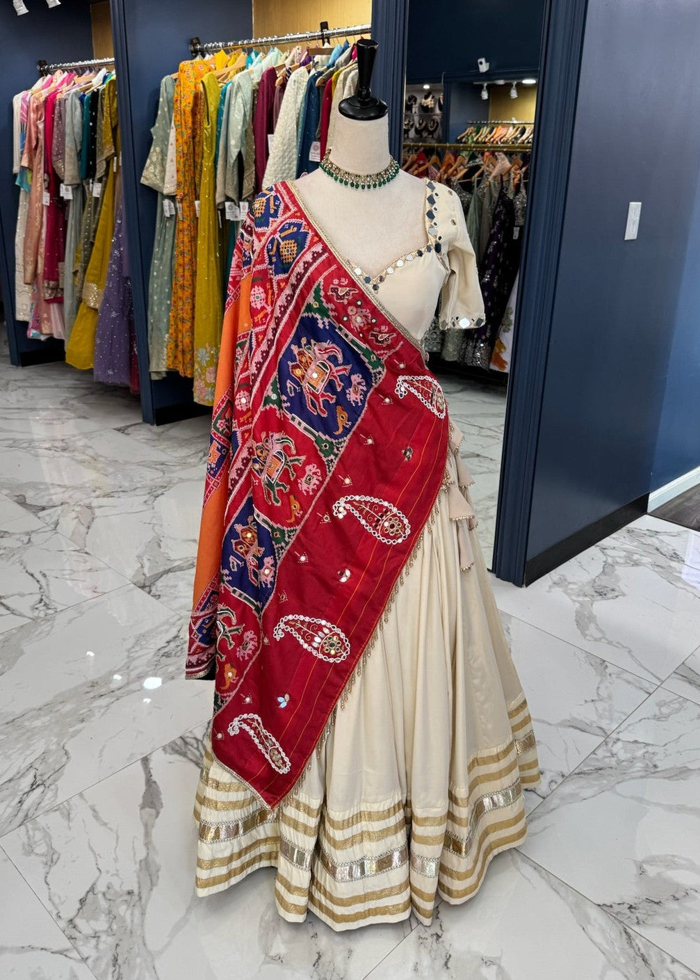 White cotton with red patola Chaniya Choli