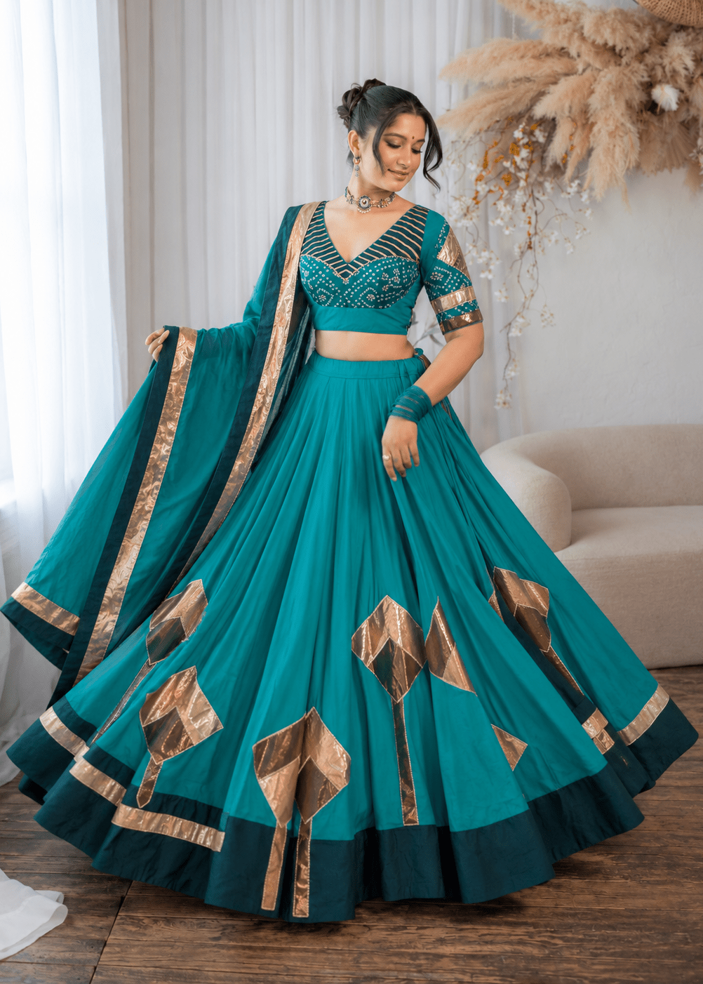Teal & Gold Bandhani Chaniya Choli