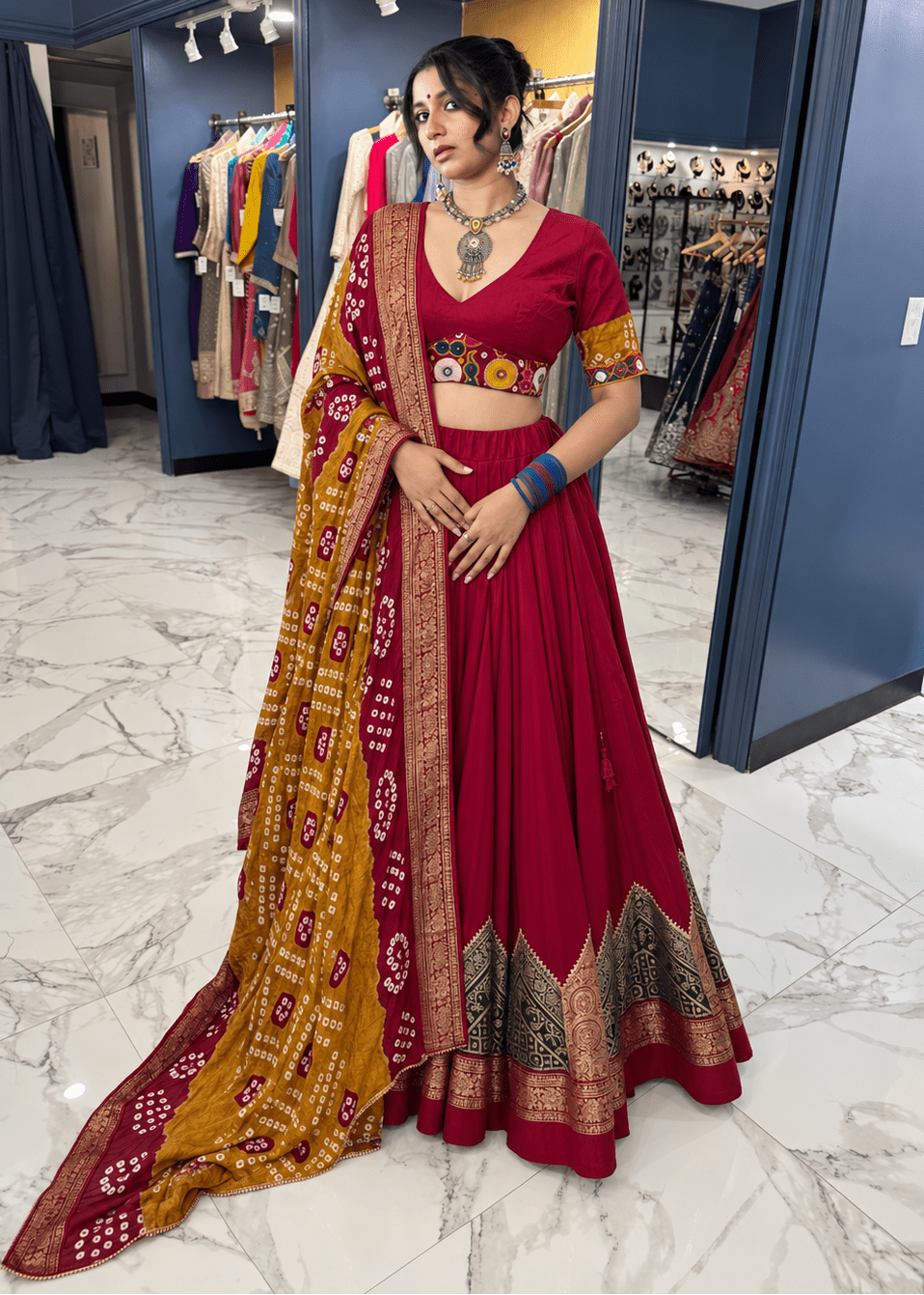 Maroon & Mustard Bandhani Chaniya Choli