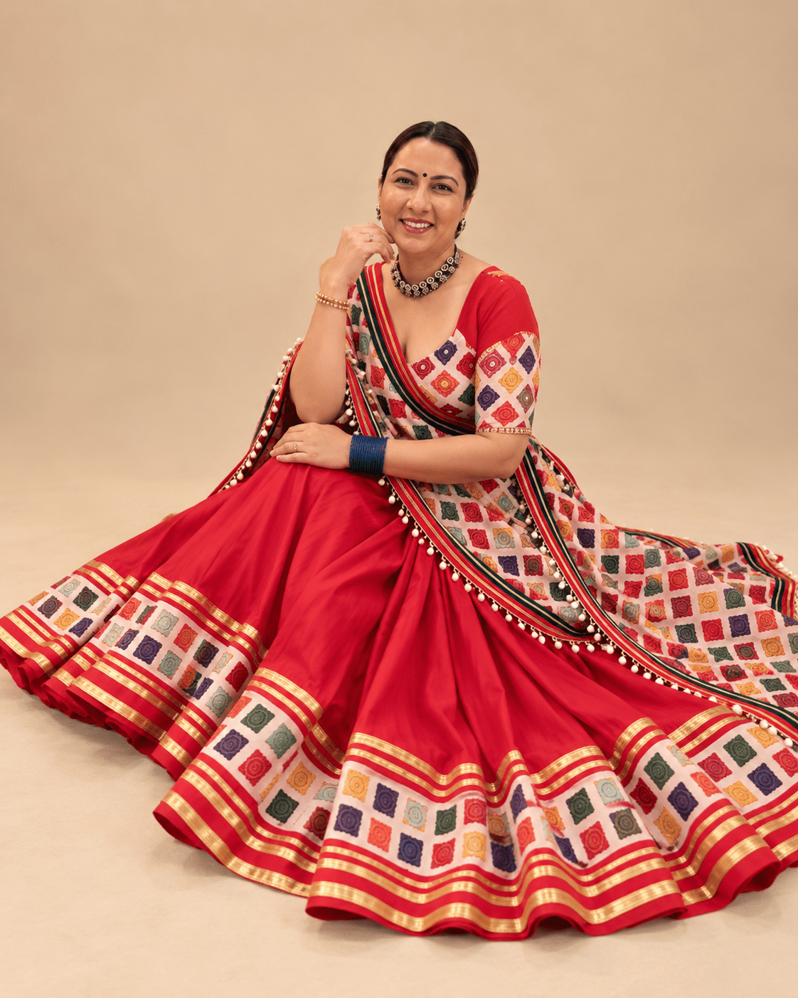 Red Chaniya Choli with Multicolor print Work