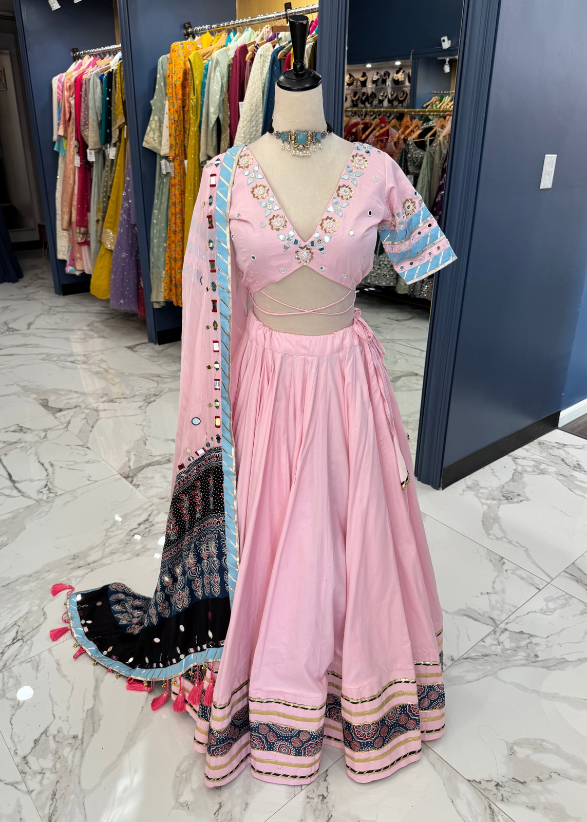 Blush Pink Ajrakh Chaniya Choli