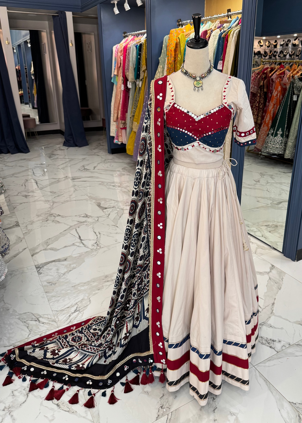 Ivory and maroon mirror work chaniya choli