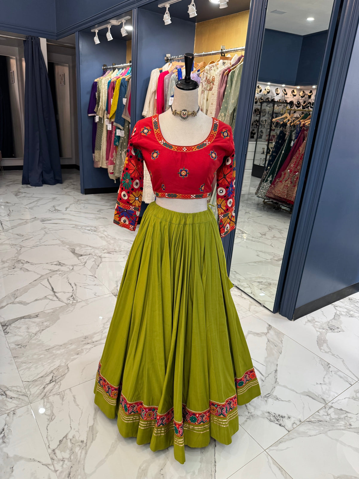 Olive Green & Red Chaniya Choli