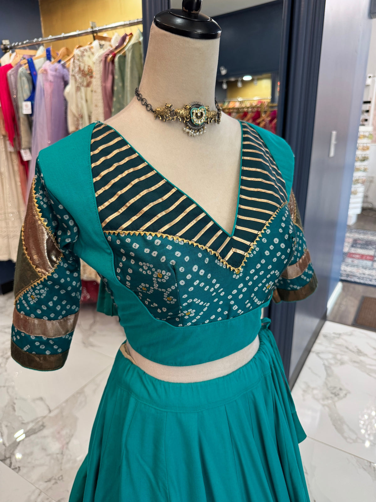 Teal & Gold Bandhani Chaniya Choli