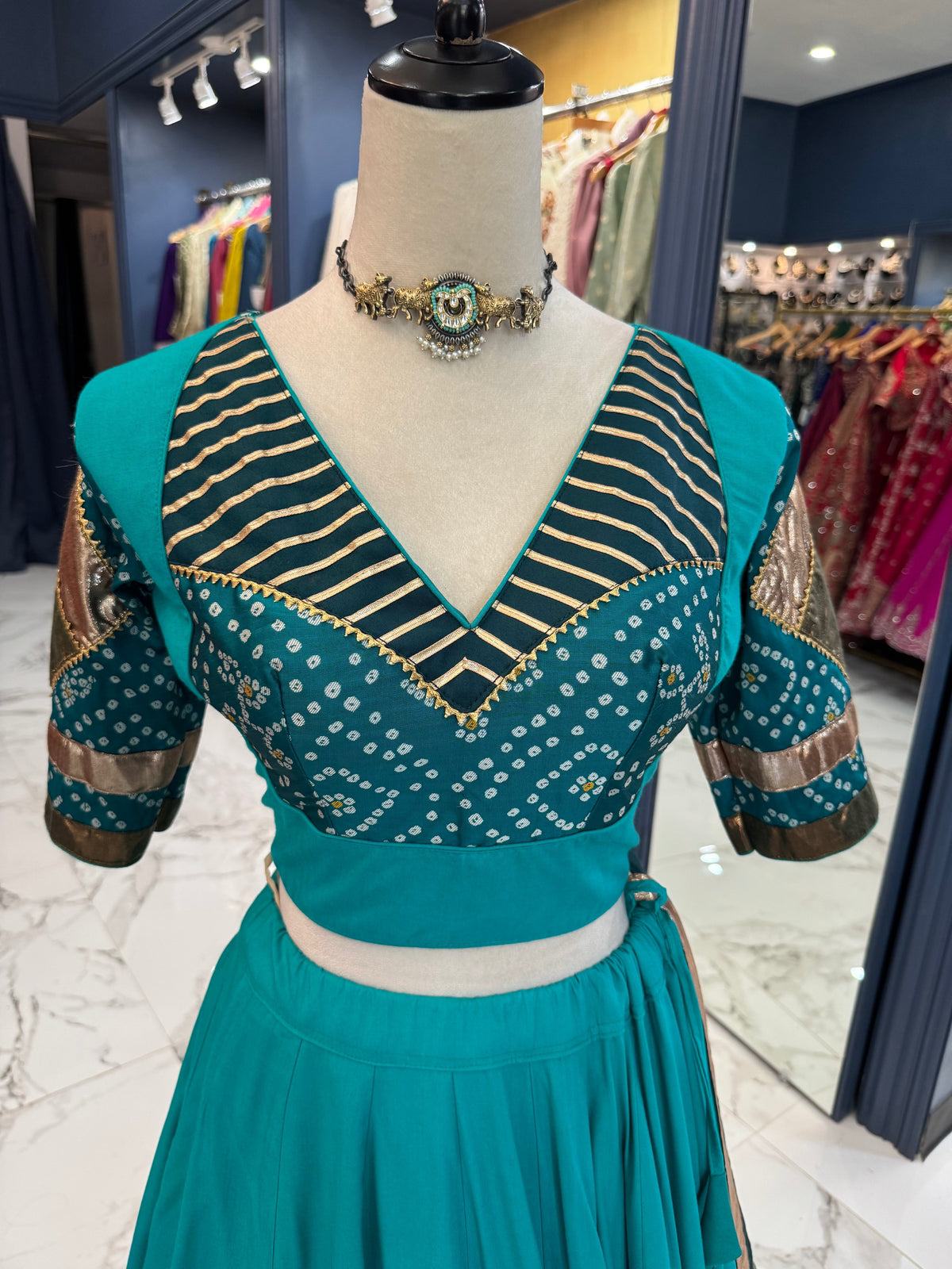 Teal & Gold Bandhani Chaniya Choli