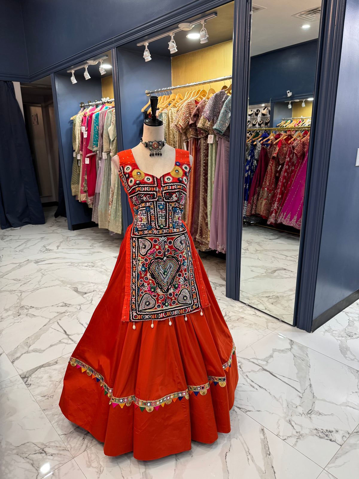 Rust Embroidered Long Top Chaniya Choli