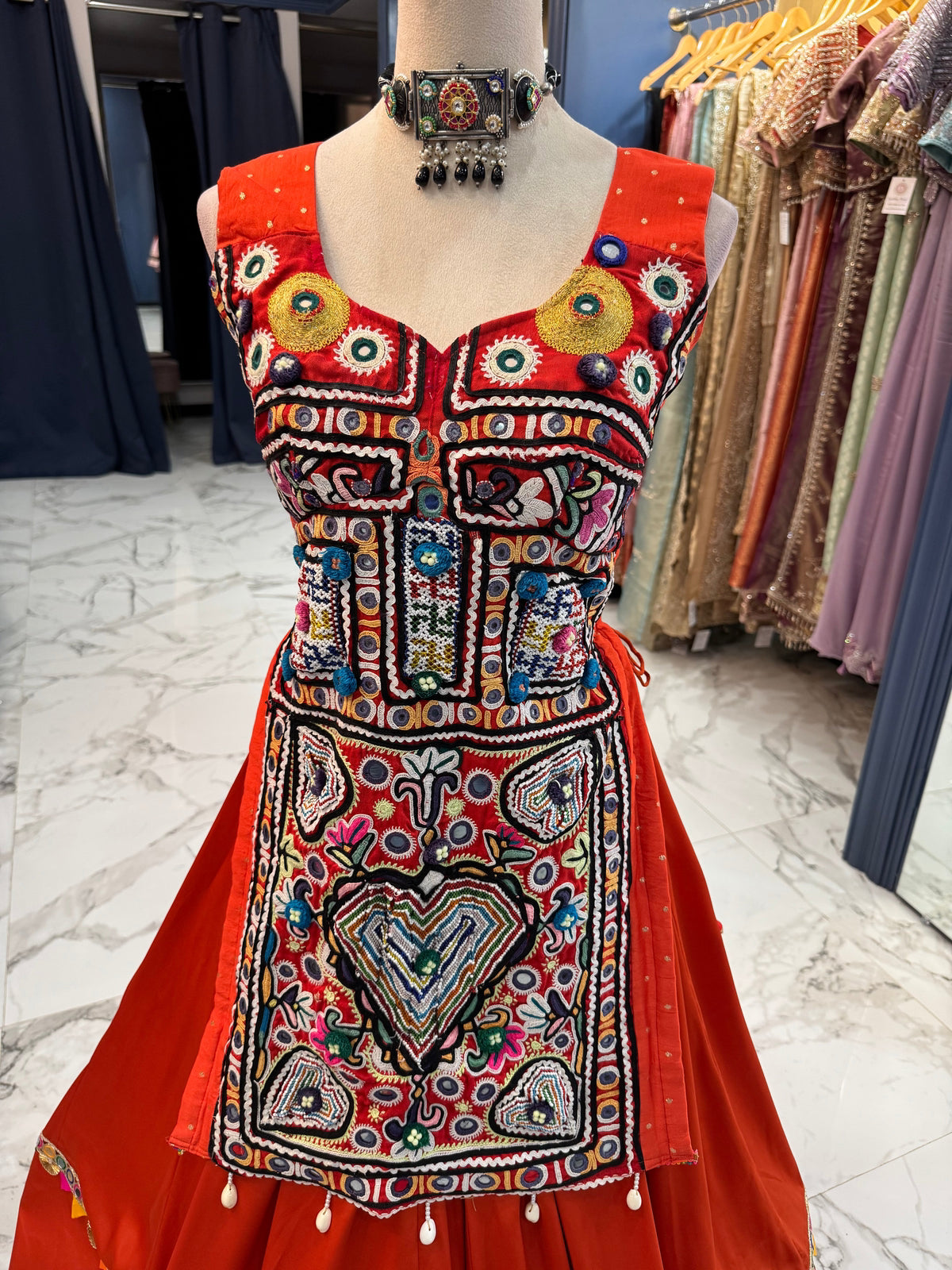 Rust Embroidered Long Top Chaniya Choli