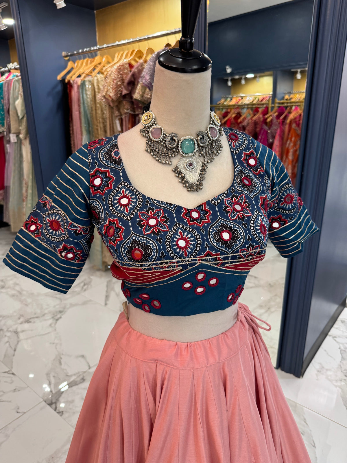 Pink & Navy Ajrak Chaniya Choli