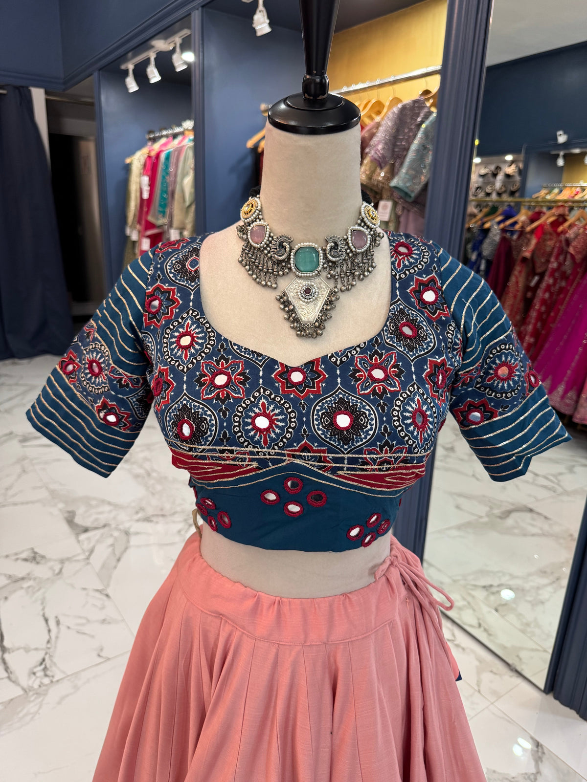 Pink & Navy Ajrak Chaniya Choli