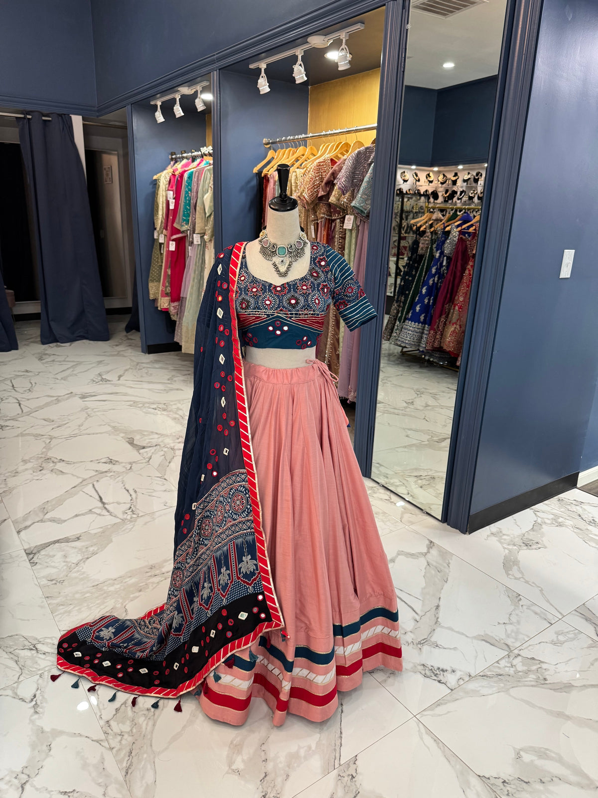 Pink & Navy Ajrak Chaniya Choli