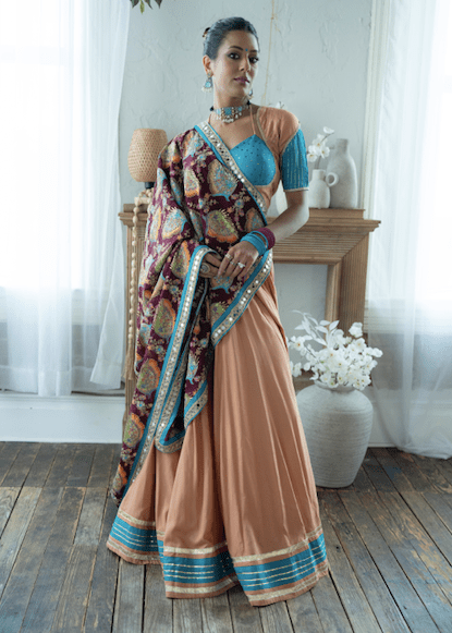 Peach & Turquoise Printed Chaniya Choli