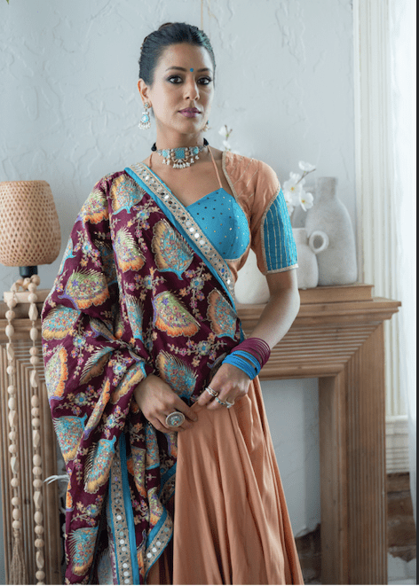 Peach & Turquoise Printed Chaniya Choli