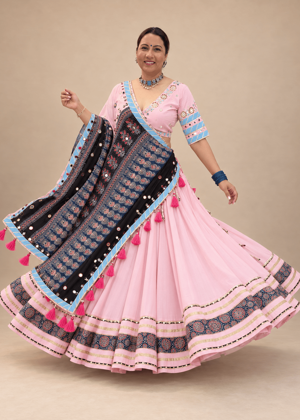 Blush Pink Ajrakh Chaniya Choli