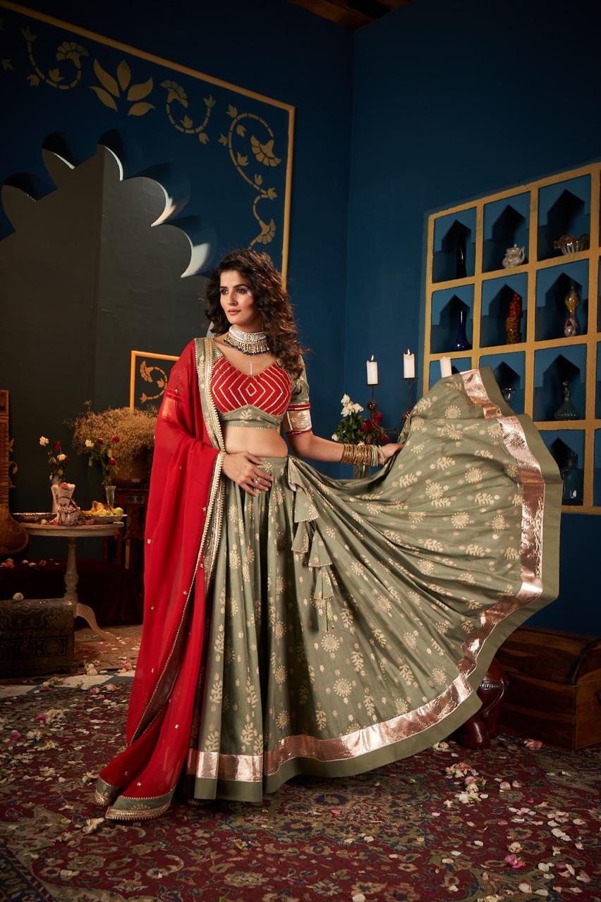 Olive and red Chaniya choli