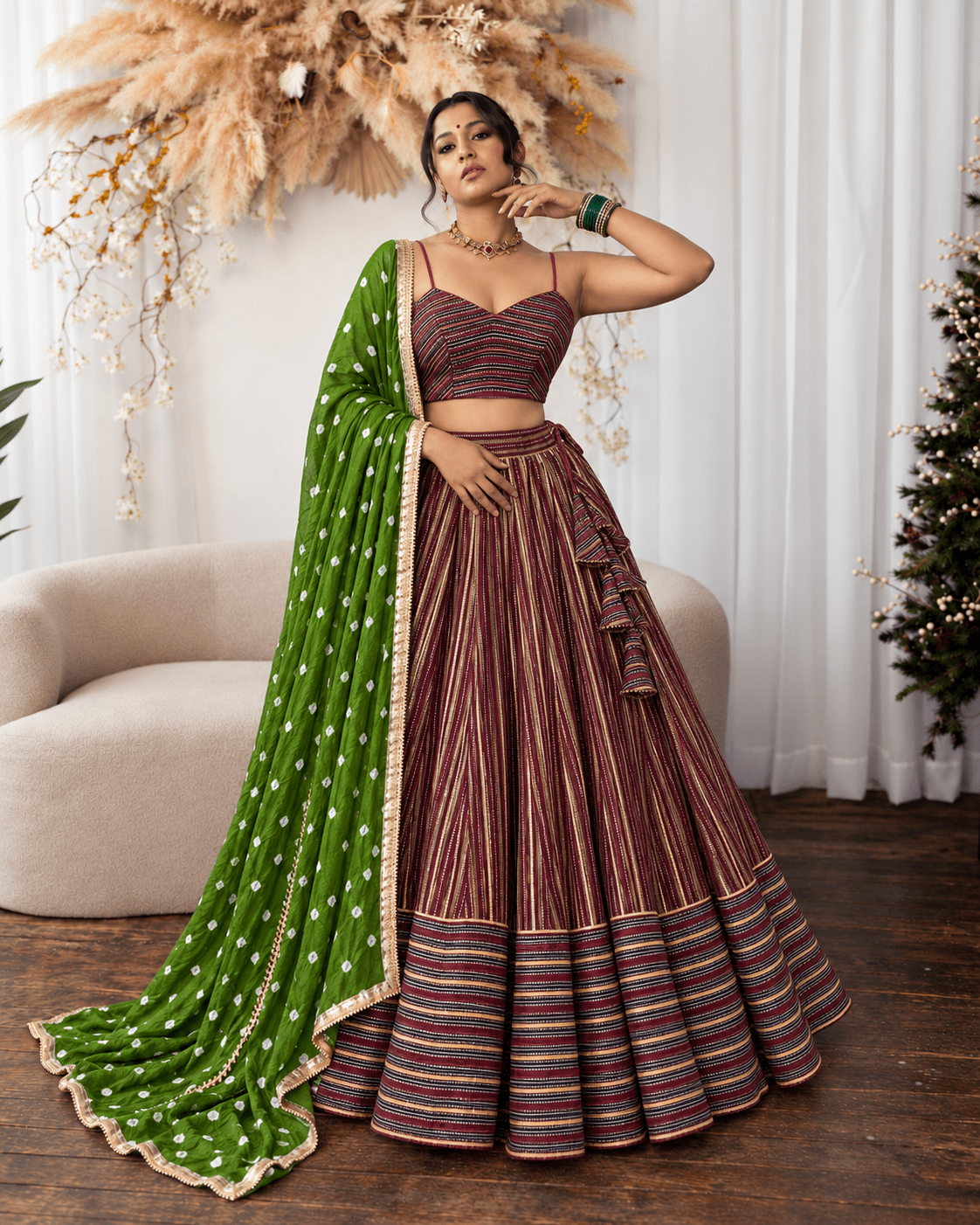 Maroon and green Bandhini Chaniya Choli