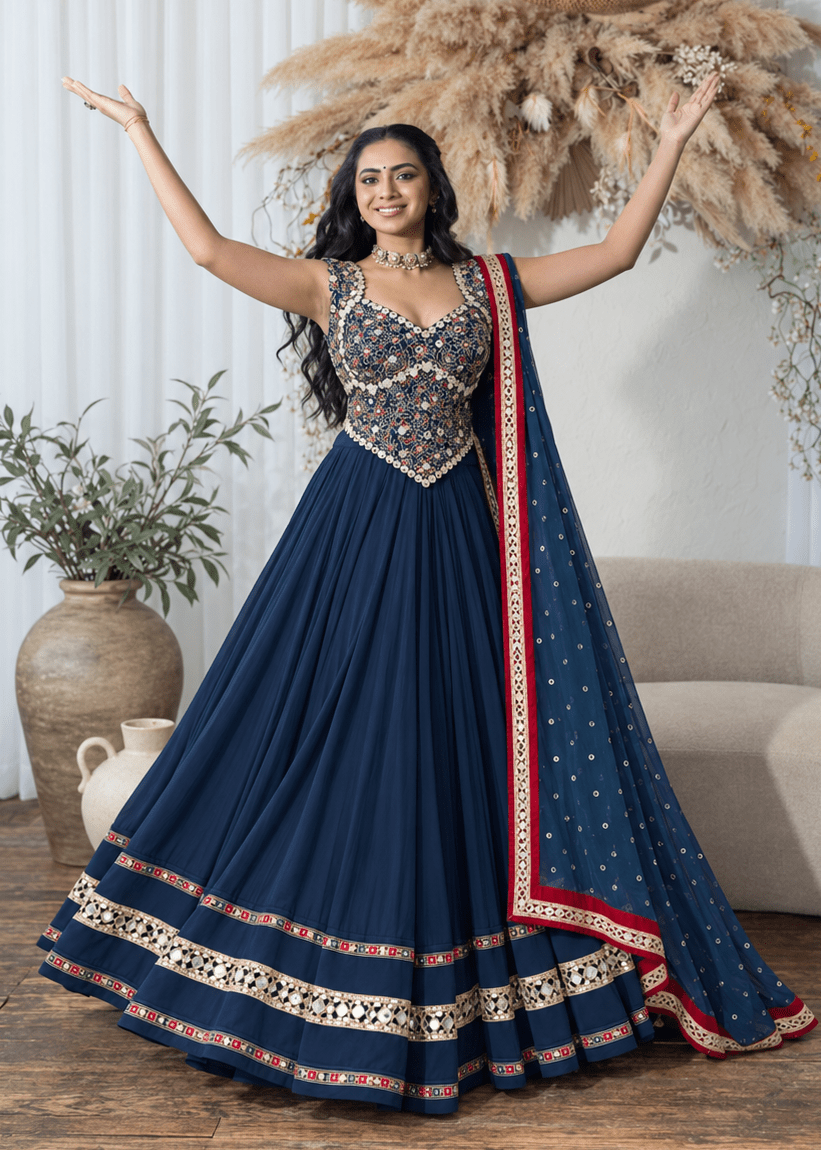 Navy Blue Mirror Work Chaniya Choli