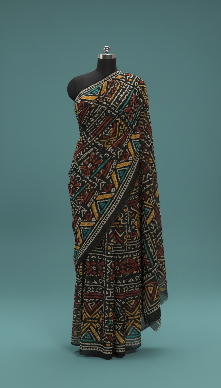 Charcoal Black Printed Chiffon Dupatta with Geometric Accents