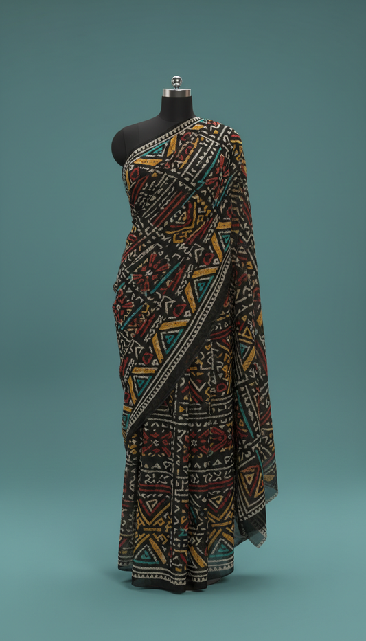 Charcoal Black Printed Chiffon Dupatta with Geometric Accents