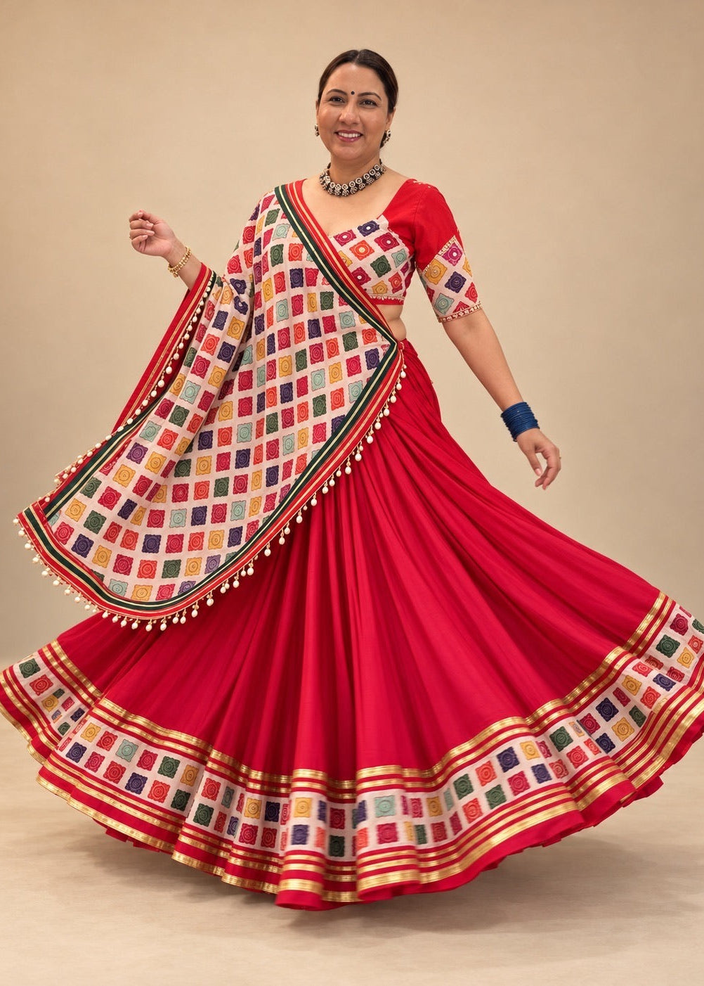 Red Chaniya Choli with Multicolor print Work