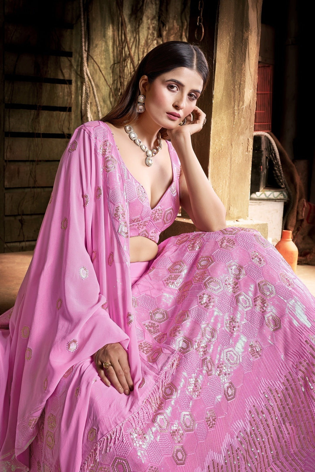 Baby Pink Holographic Sequence Lehenga