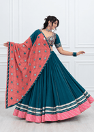 Teal & Coral Mirror Work Chaniya Choli
