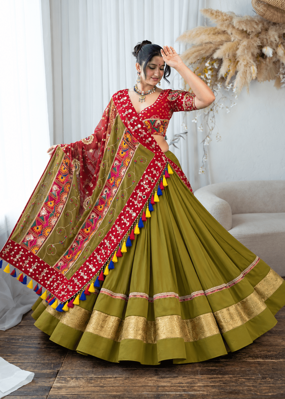 Olive Green and Red Bandhani Chaniya Choli