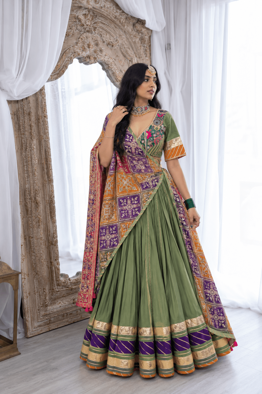 Olive green with orange purple Chaniya Choli