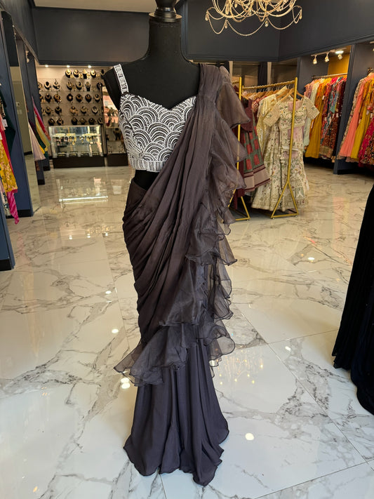 Chocolate brown pearl ready saree