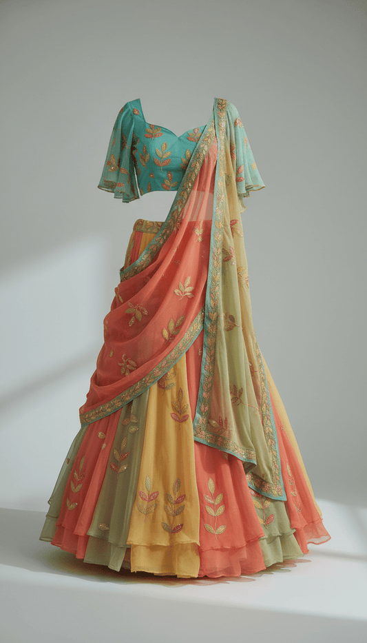 Fresh Leaf Chiffon Lehenga Set with Sheer Dupatta