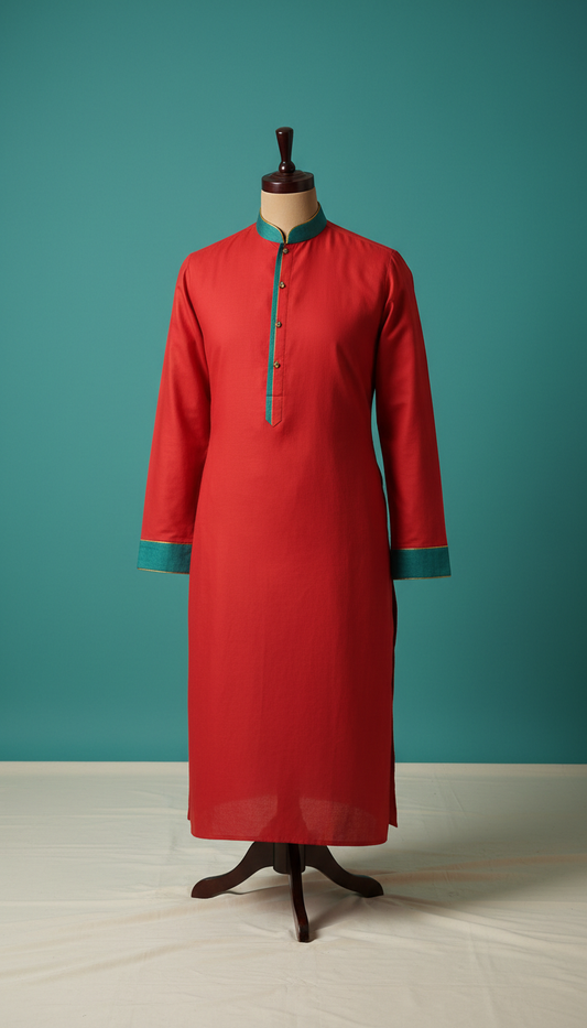 Rangoli Red Tailored Cotton Kurta with Contrast Piping