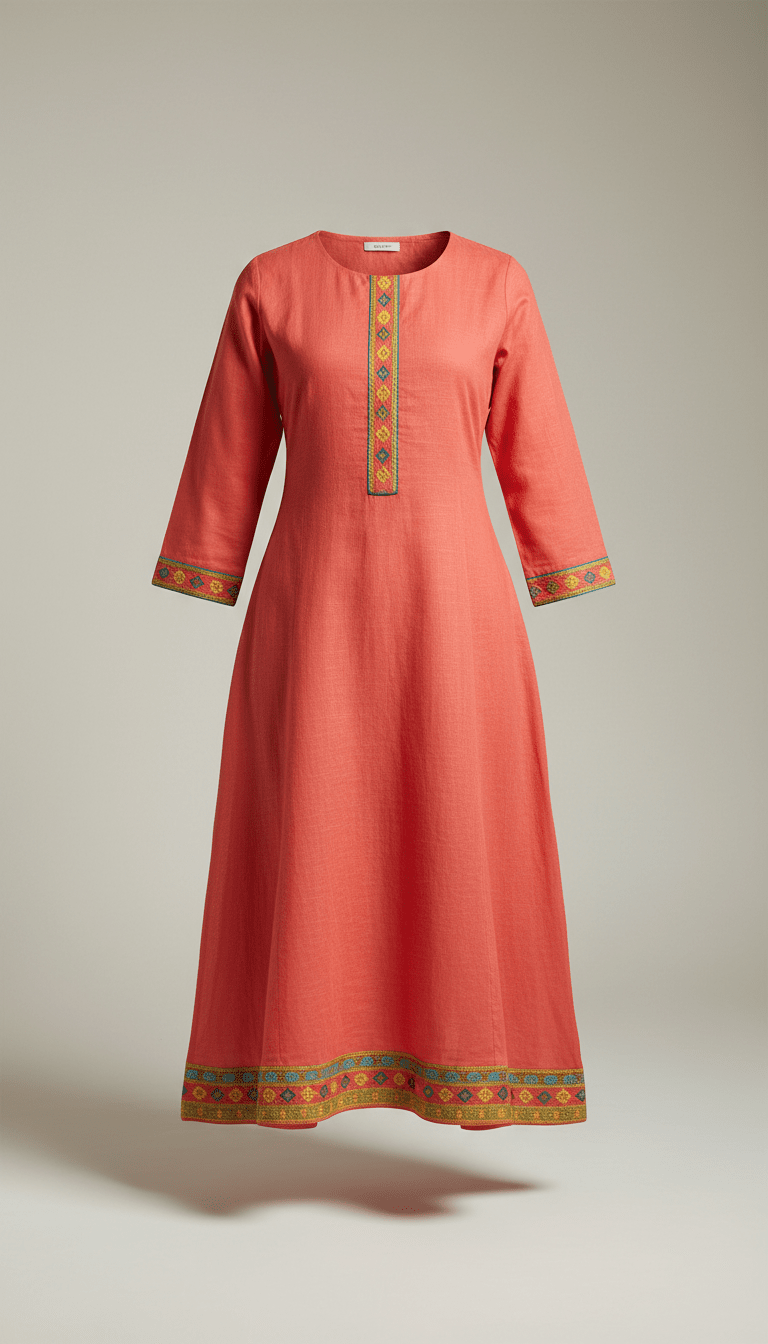 Coral Cotton Kurta with Pintuck Detailing