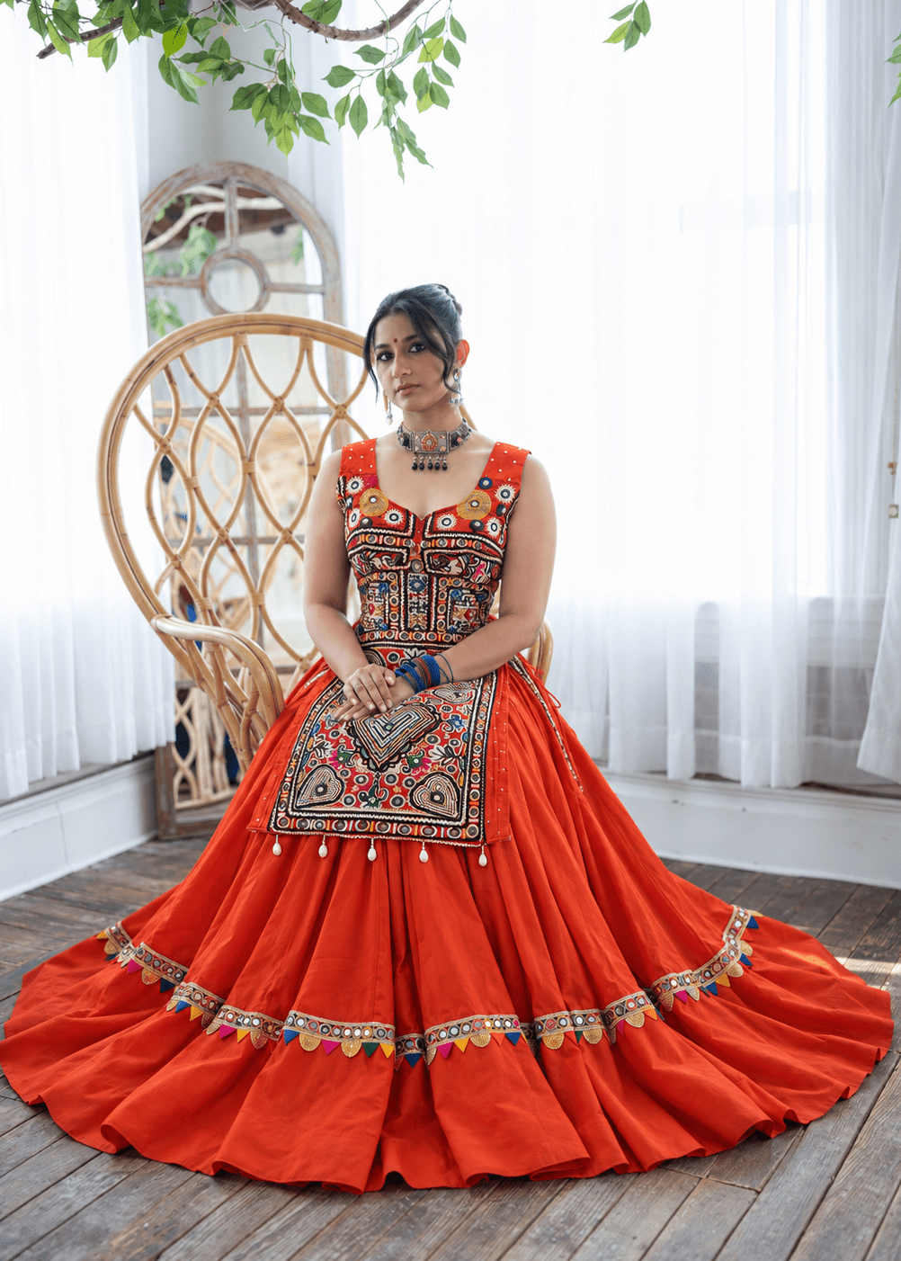 Rust Embroidered Long Top Chaniya Choli