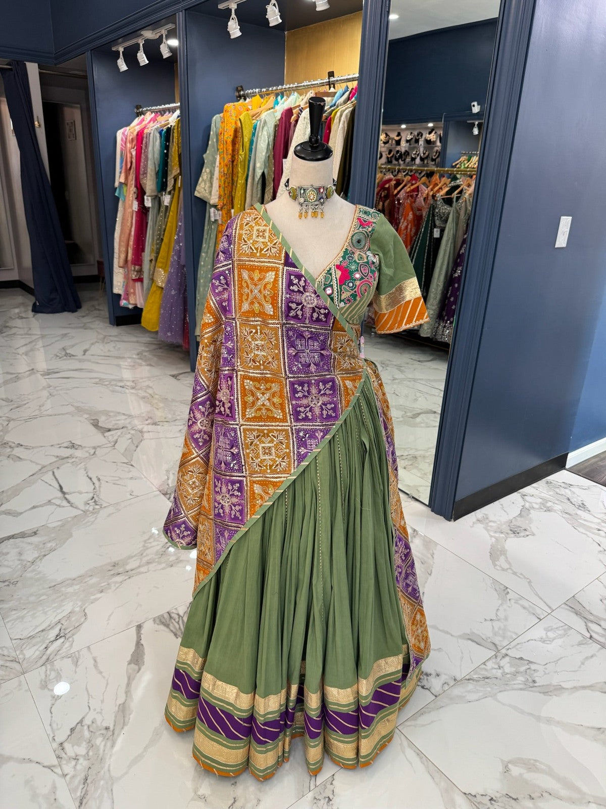 Olive green with orange purple Chaniya Choli