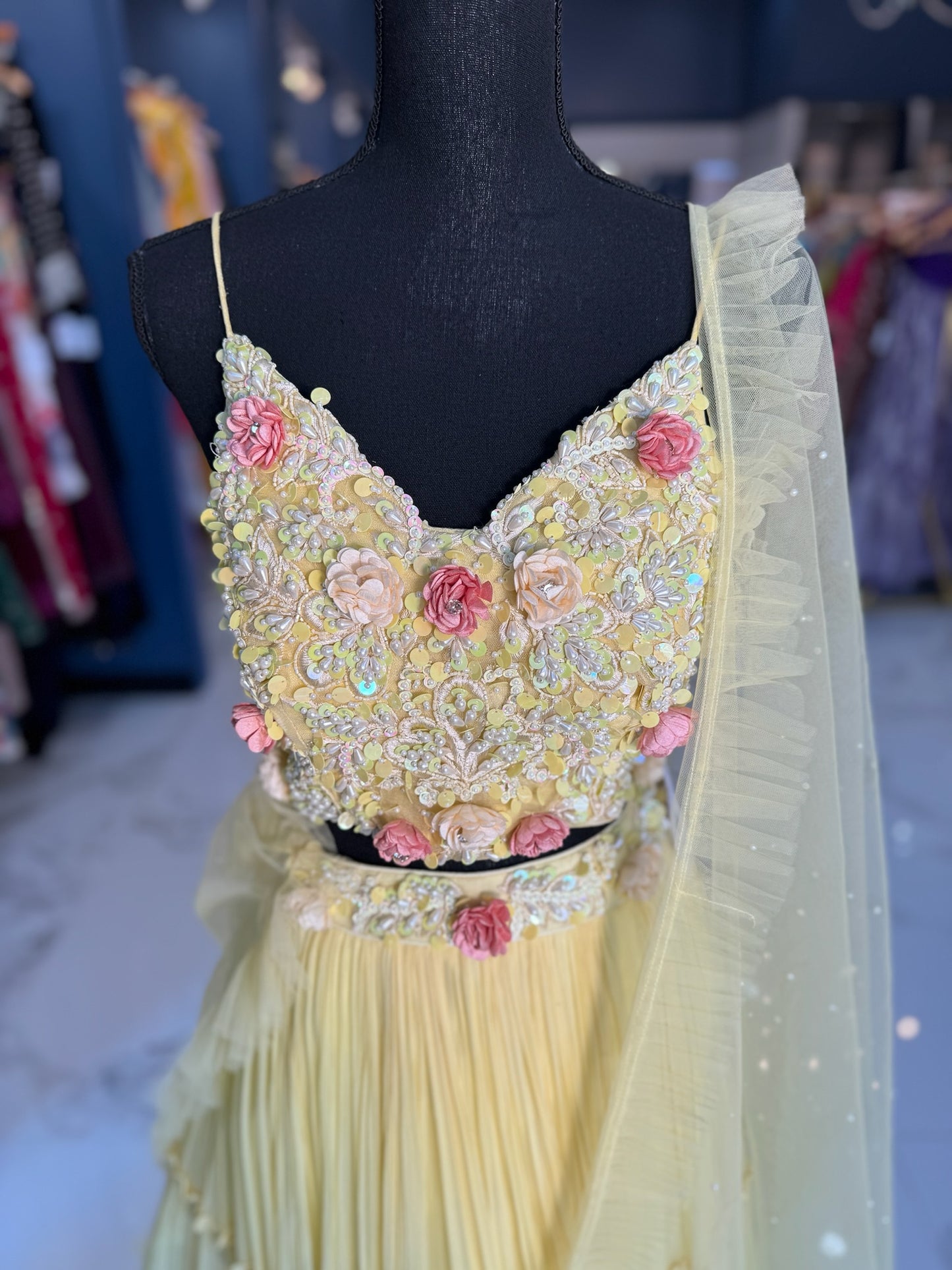 Bright yellow floral motif lehenga