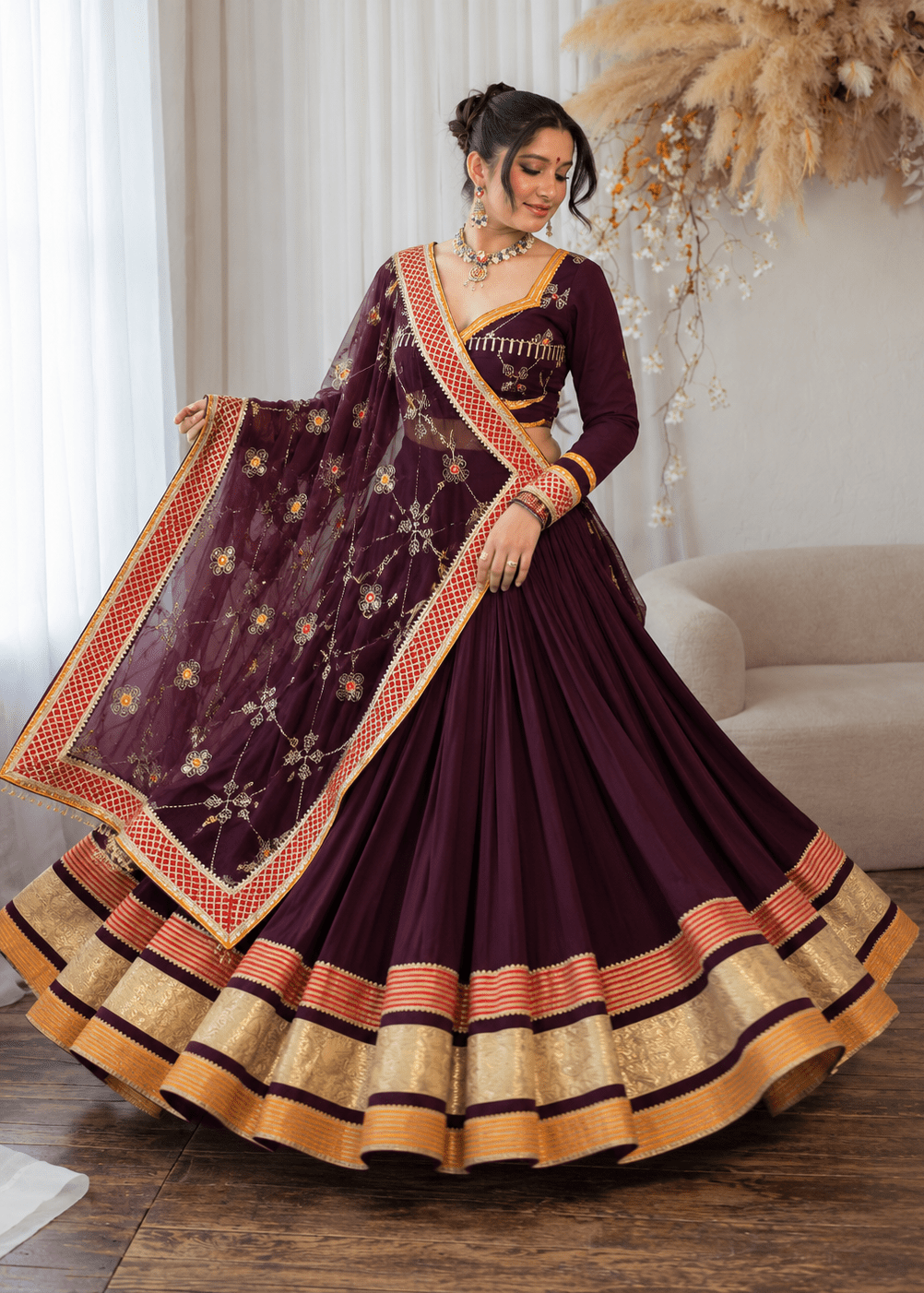 Wine Chaniya Choli with embroidered dupatta