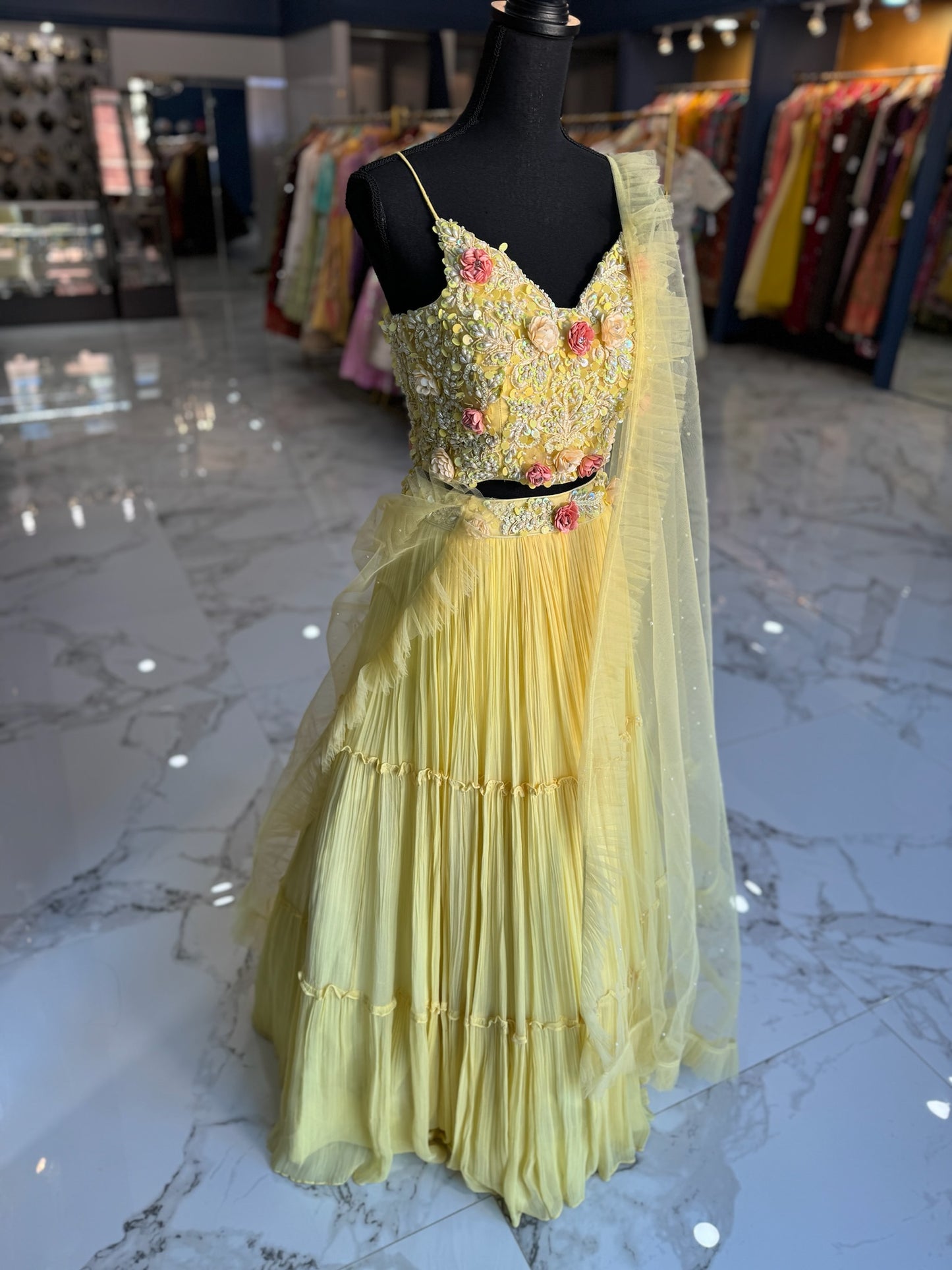 Bright yellow floral motif lehenga