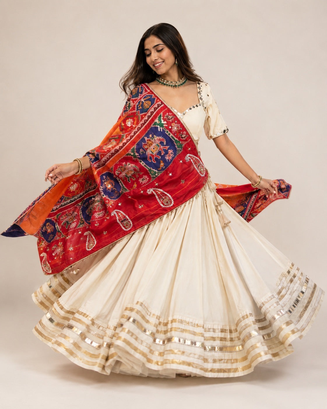White cotton with red patola Chaniya Choli