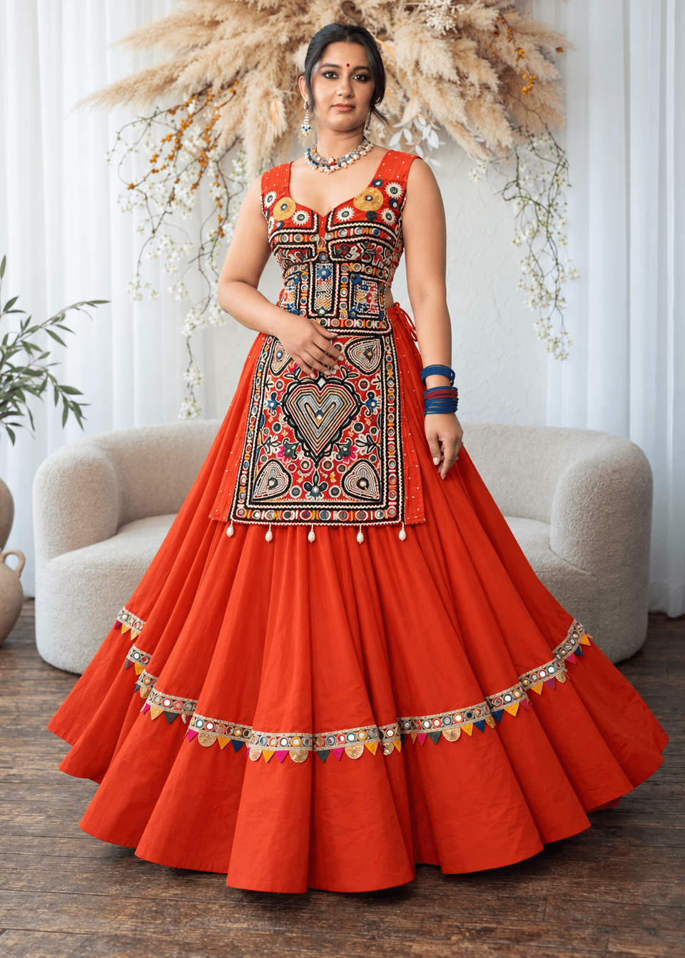 Rust Embroidered Long Top Chaniya Choli