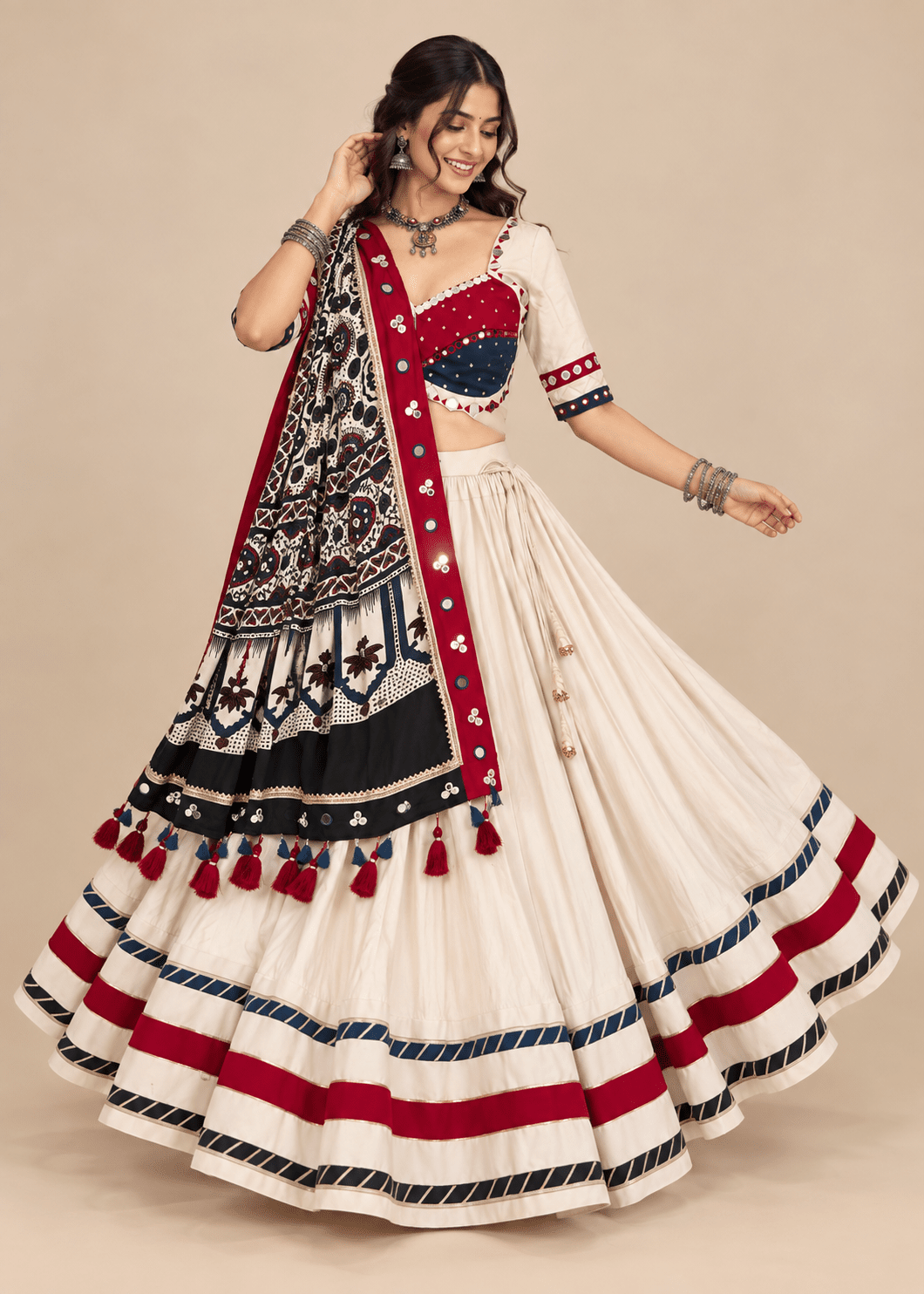 Ivory and maroon mirror work chaniya choli