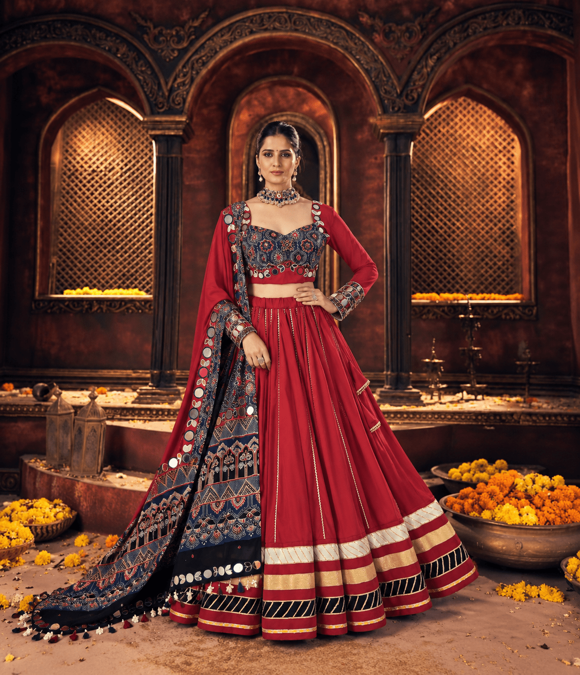 Red Ajrak Chaniya Choli