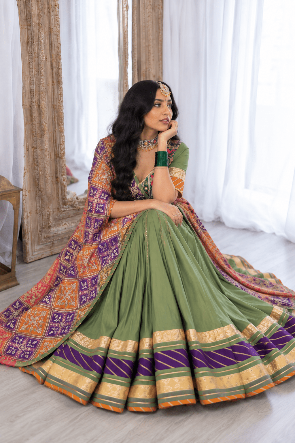 Olive green with orange purple Chaniya Choli