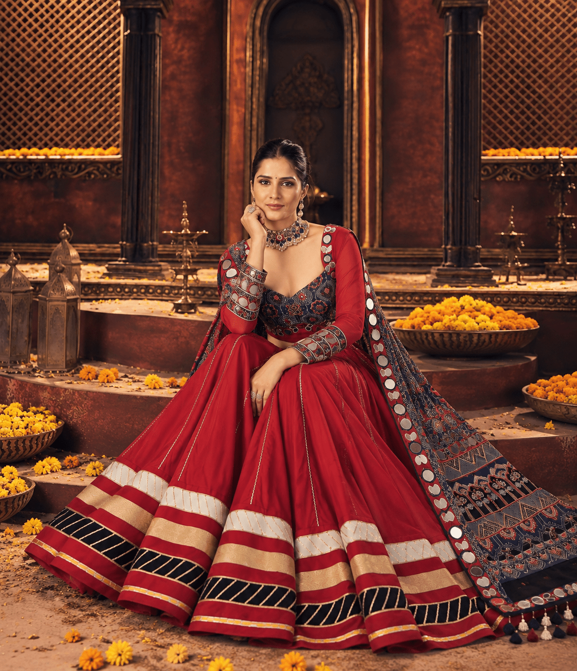 Red Ajrak Chaniya Choli