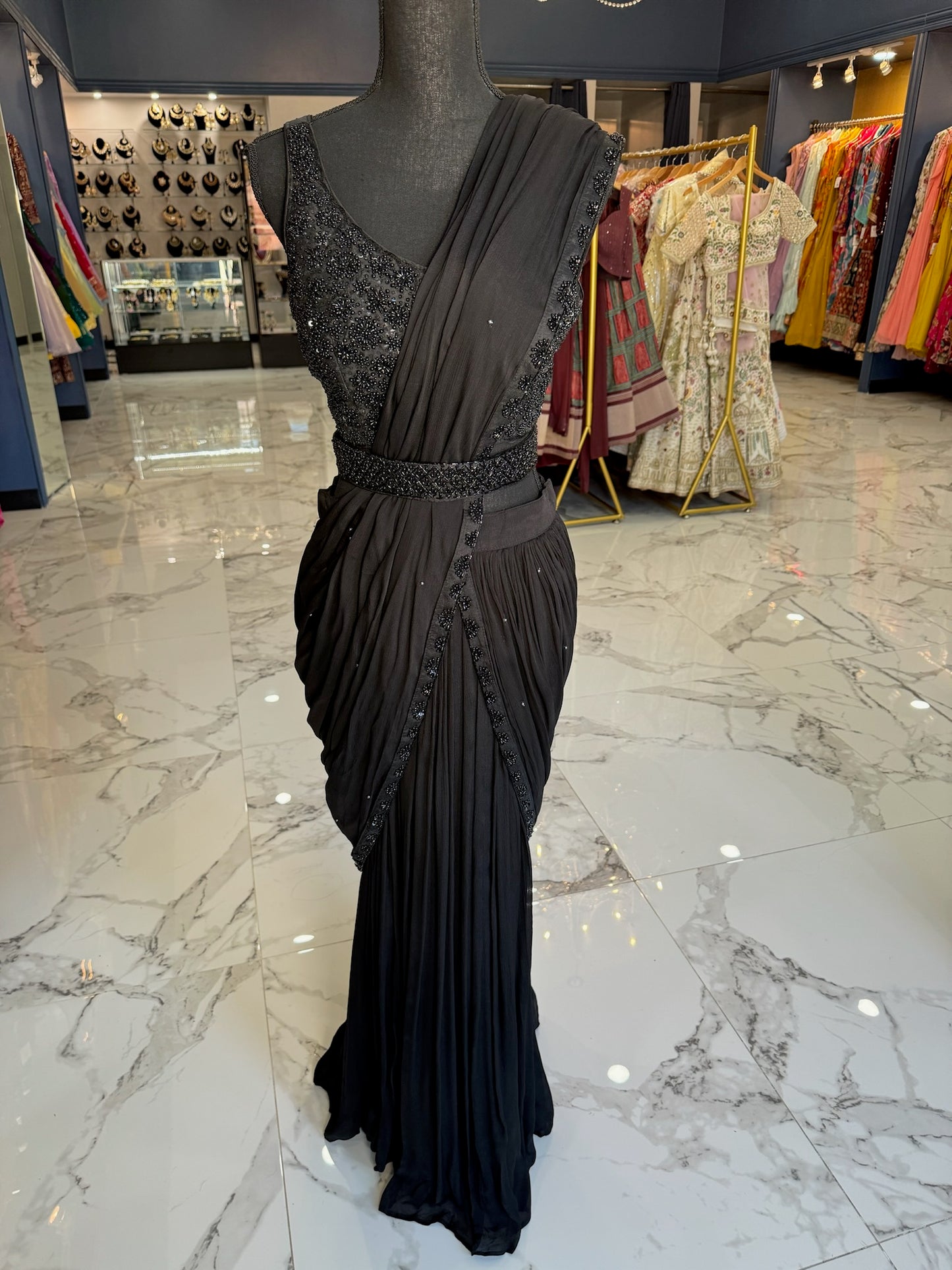 Black georgette beaded ready-saree