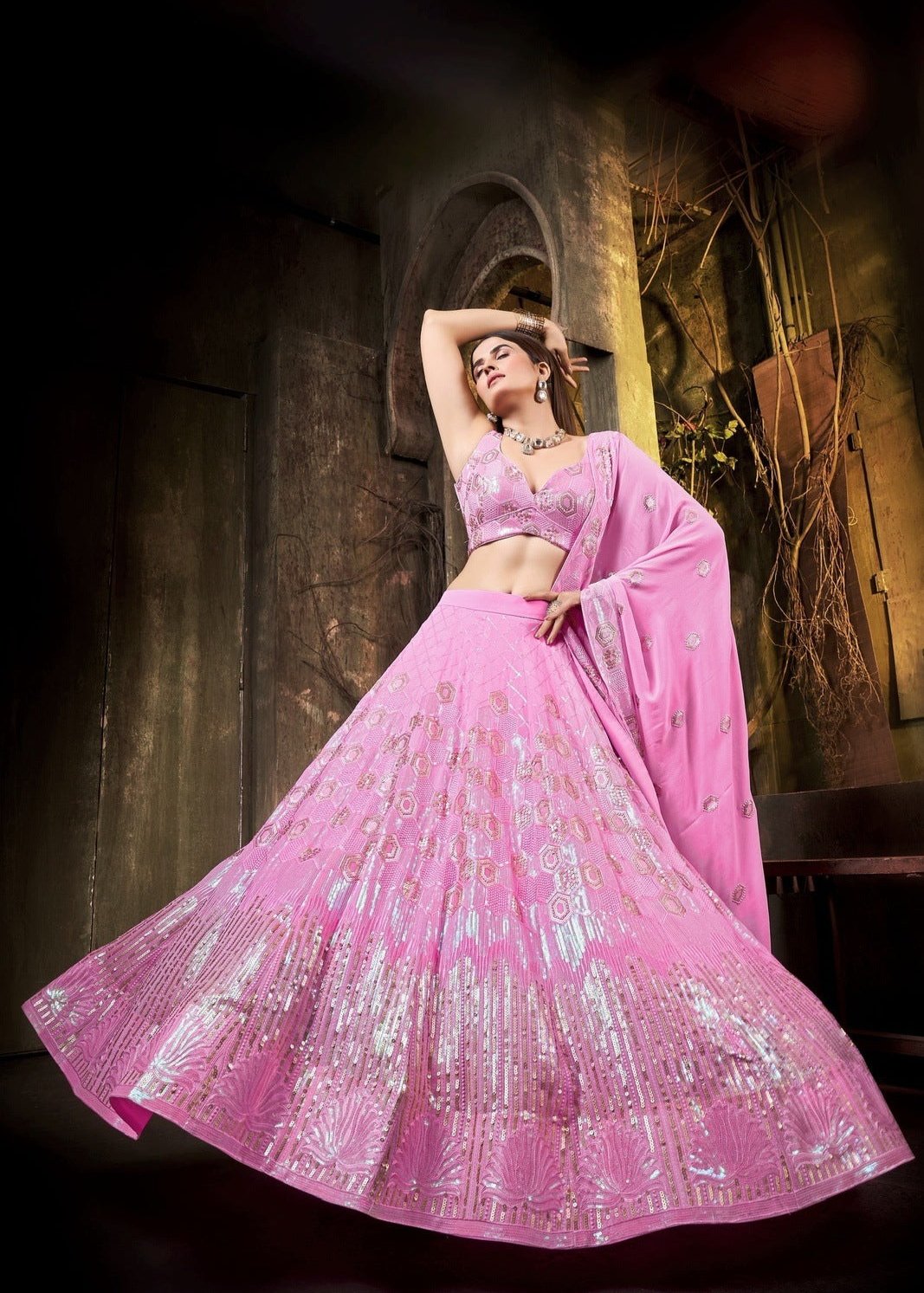 Baby Pink Holographic Sequence Lehenga