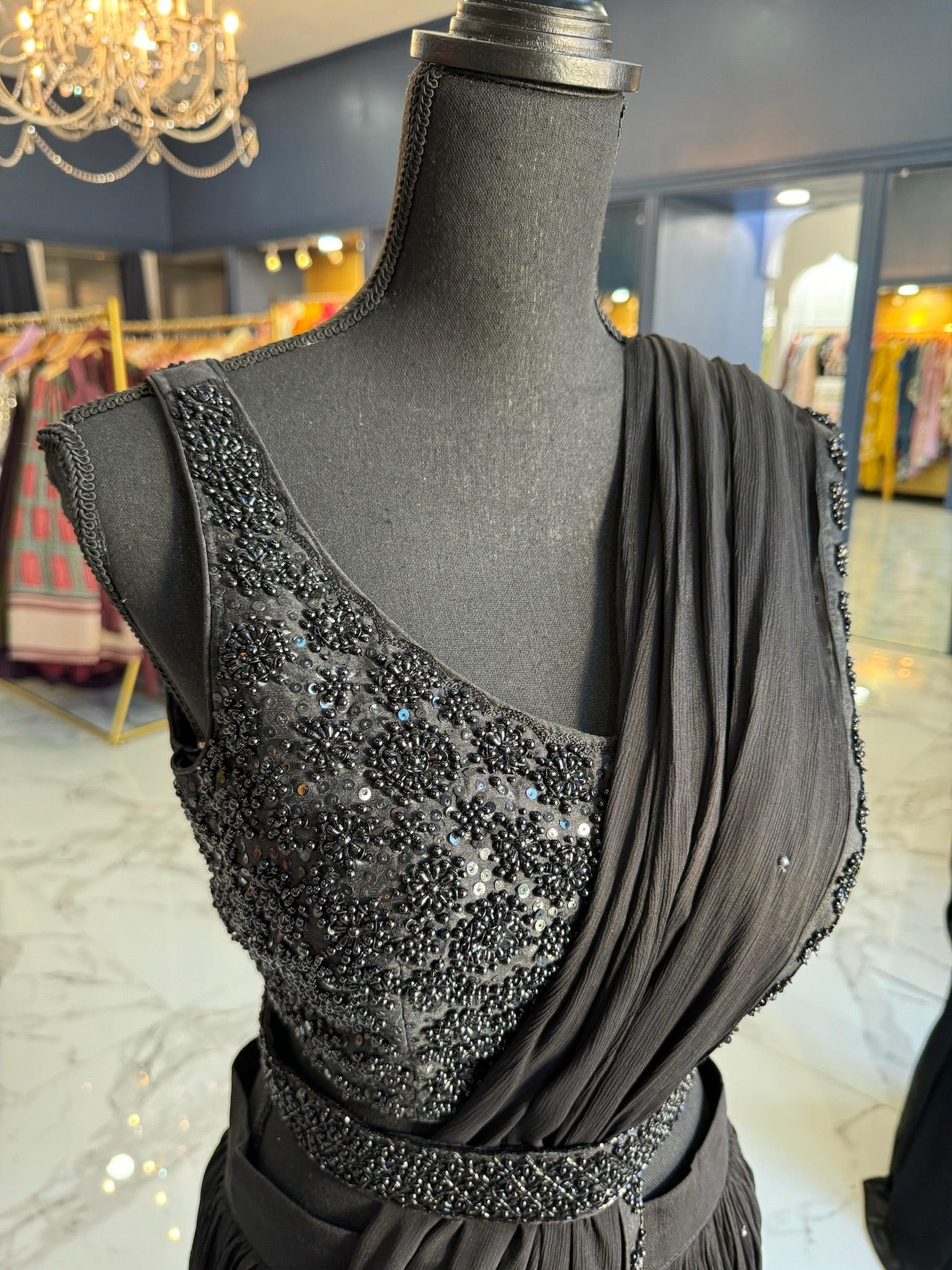 Black georgette beaded ready-saree