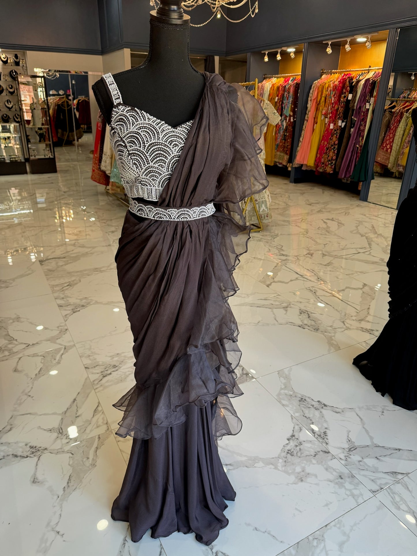 Chocolate brown pearl ready saree