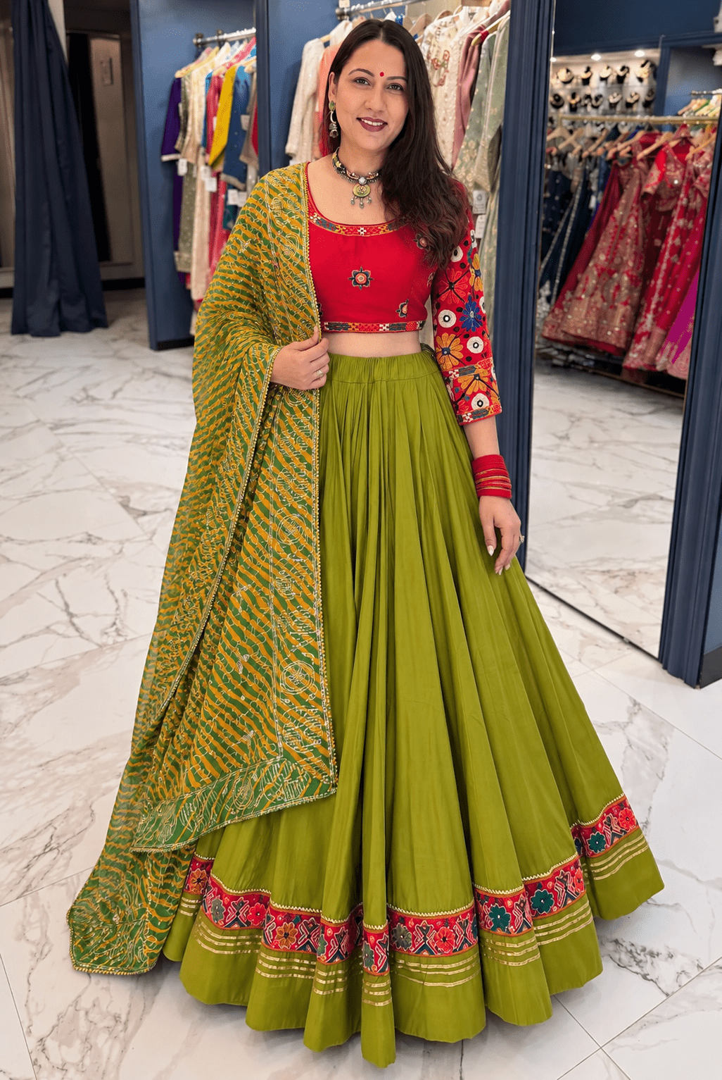 Olive Green & Red Chaniya Choli