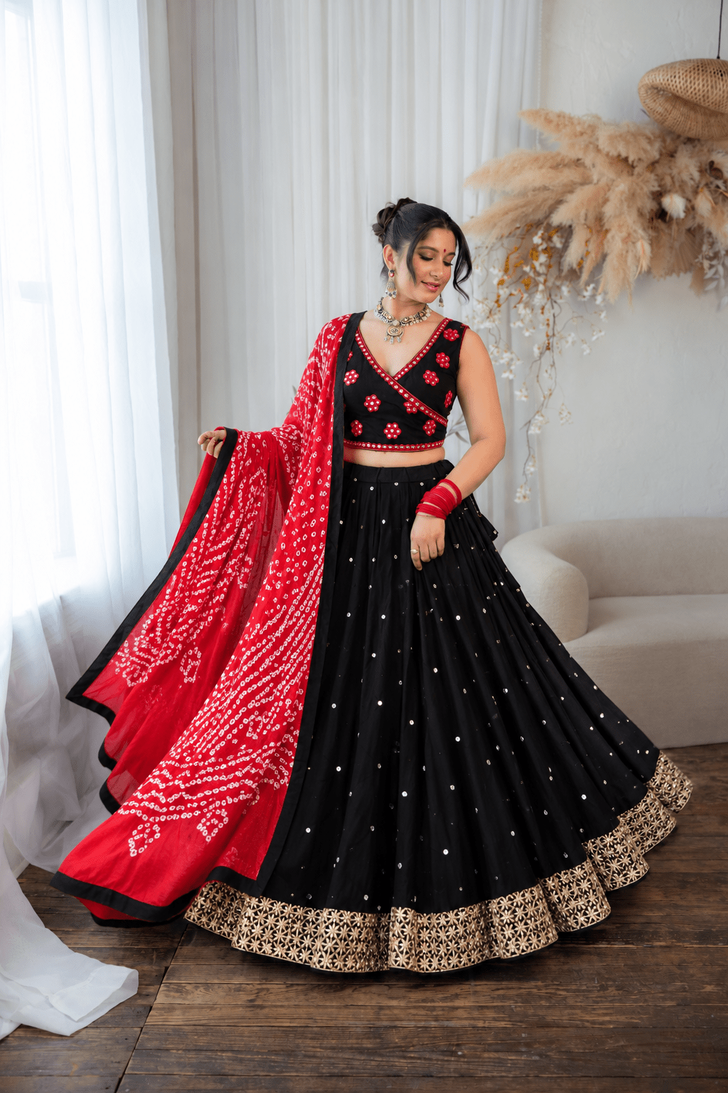 Black and Red Mirror Chaniya Choli