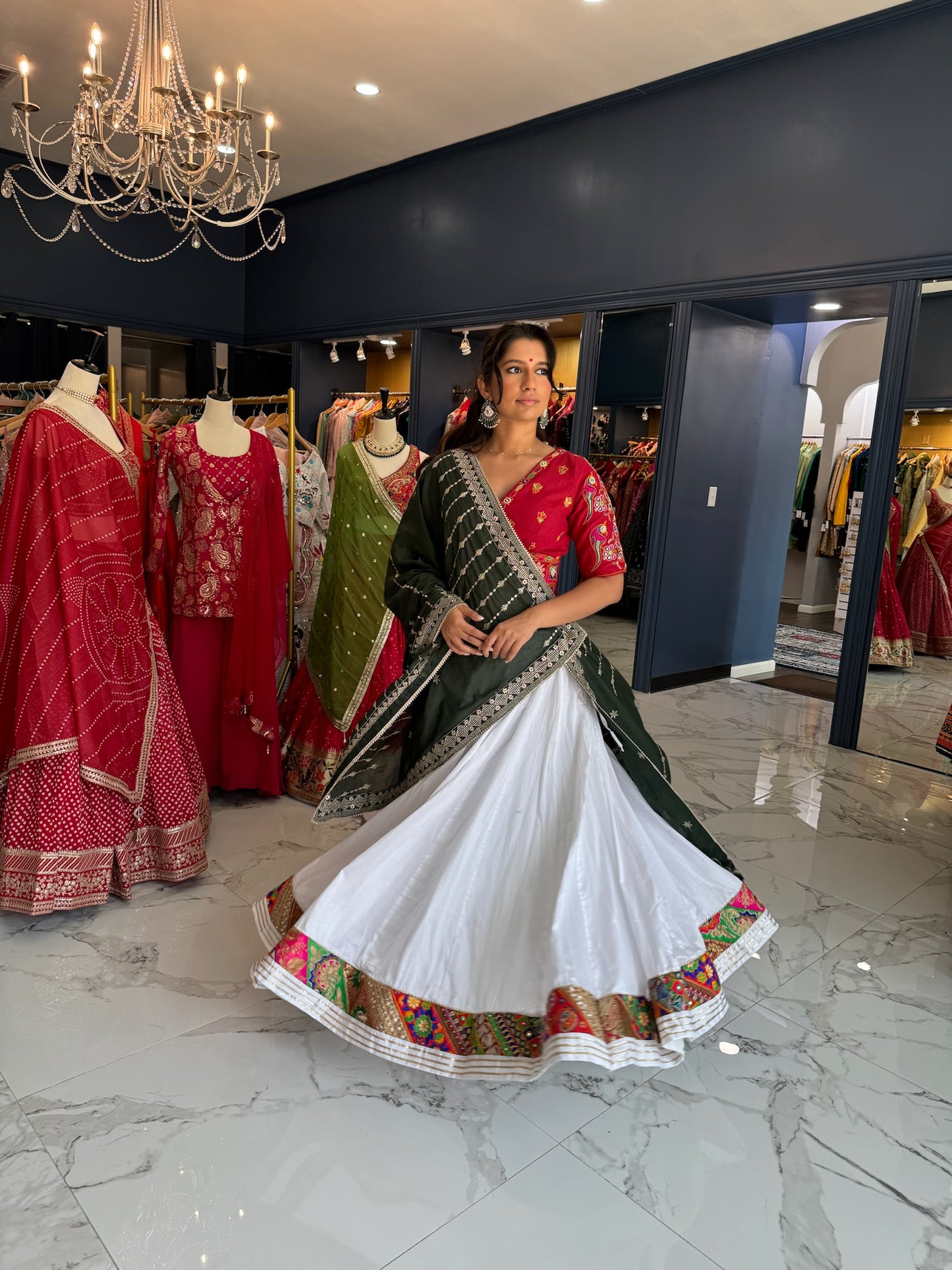 Classic red white and green Chaniya Choli