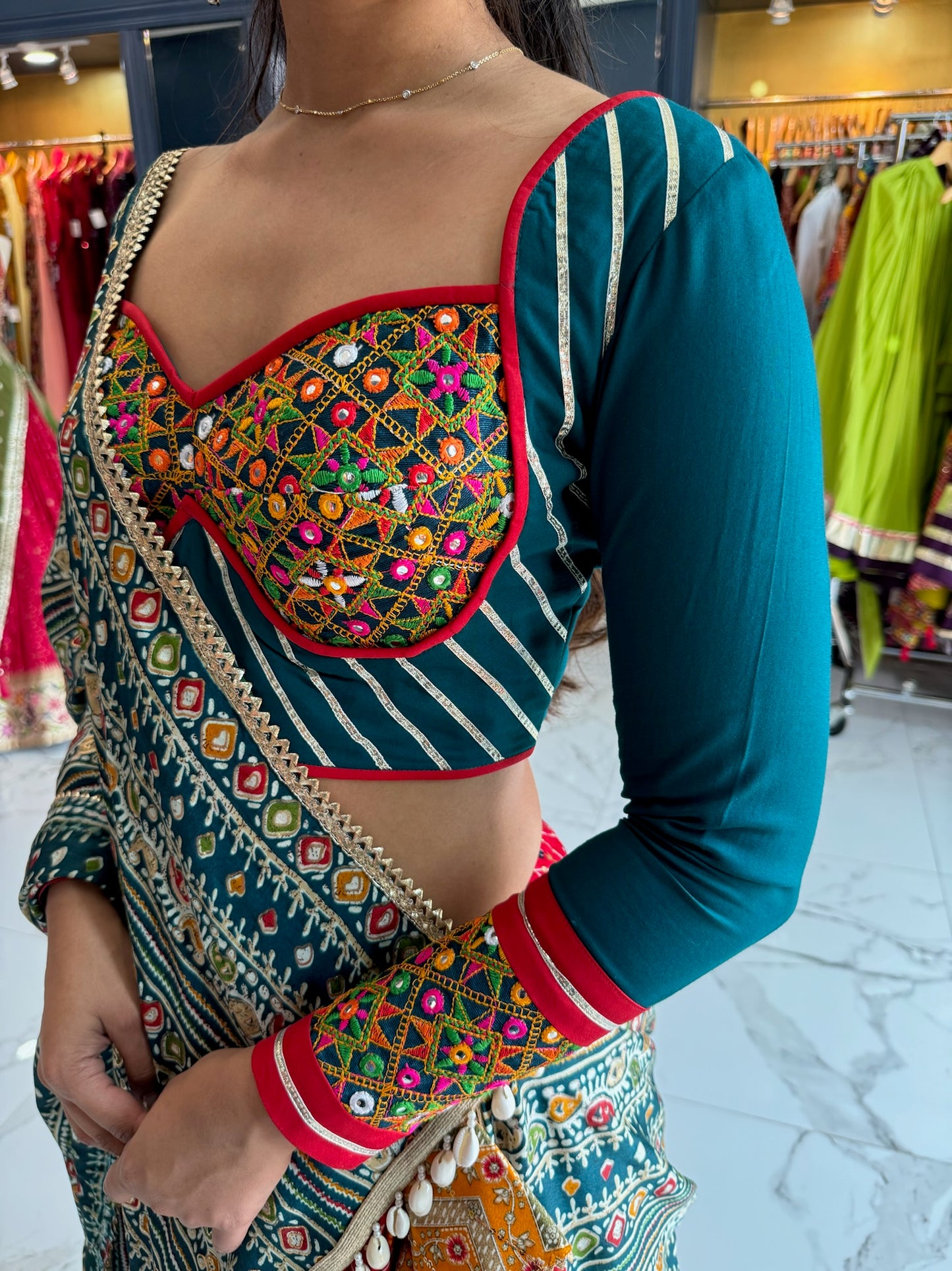 Teal and white multi-color chaniya choli